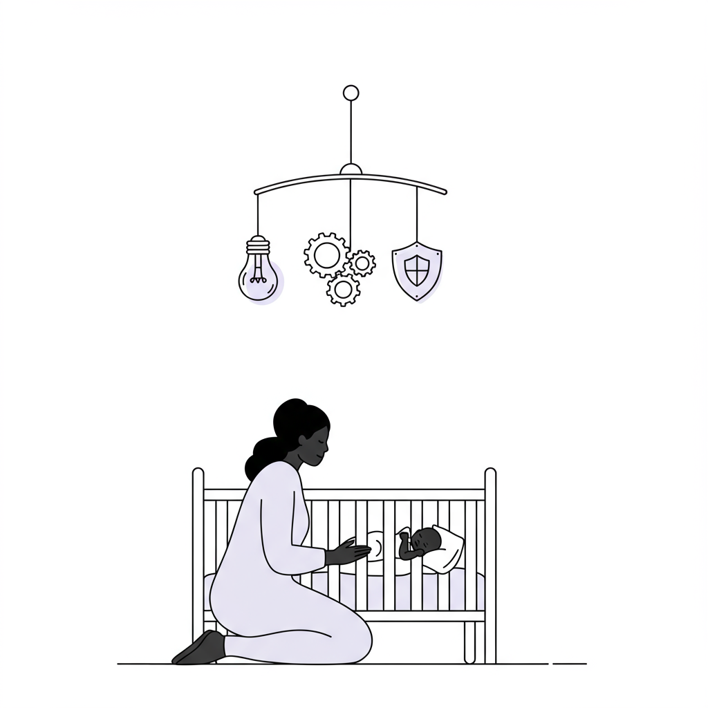 Black CEO Mum mindfully watching mobile with integrated life icons above her baby's cot; lightbulb has pastel purple accent | Femmeprenista