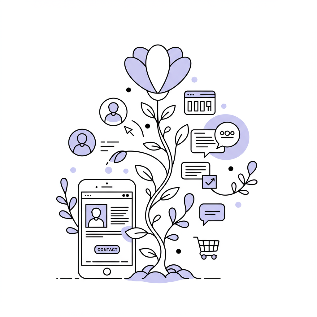 Line art of a digital seed (phone) sprouting a blossoming online presence for female entrepreneurs; pastel purple accent on flower petals | Femmeprenista