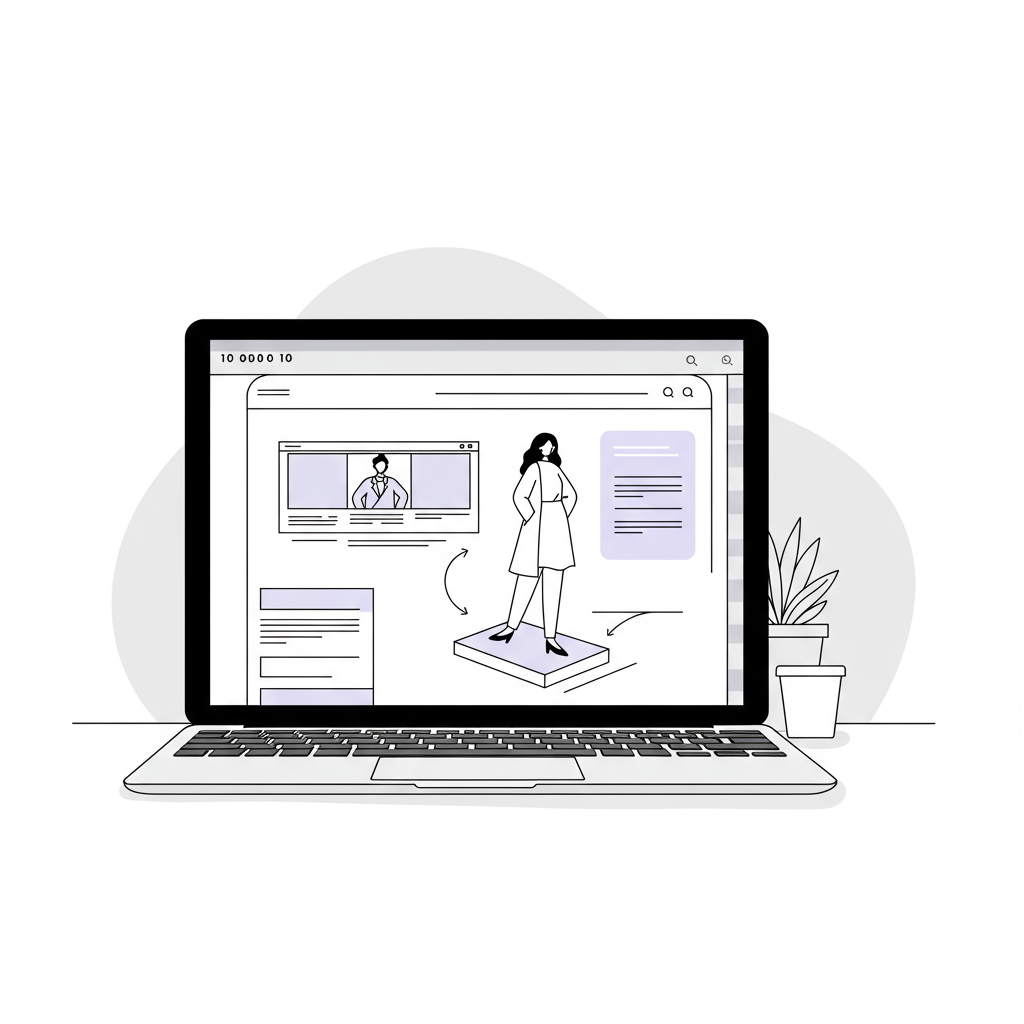 Chic line art: diverse businesswoman on a laptop screen, pastel purple digital doorstep symbolizes accessible website for female entrepreneurs | Femmeprenista