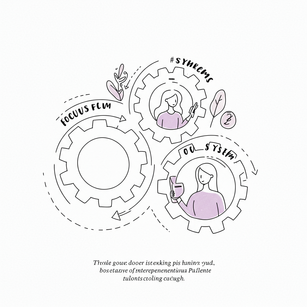 Chic line art: Three gears ("Focus", "Flair", "Systems") interlocking for entrepreneurial parent work-life balance; pastel purple accent | Femmeprenista