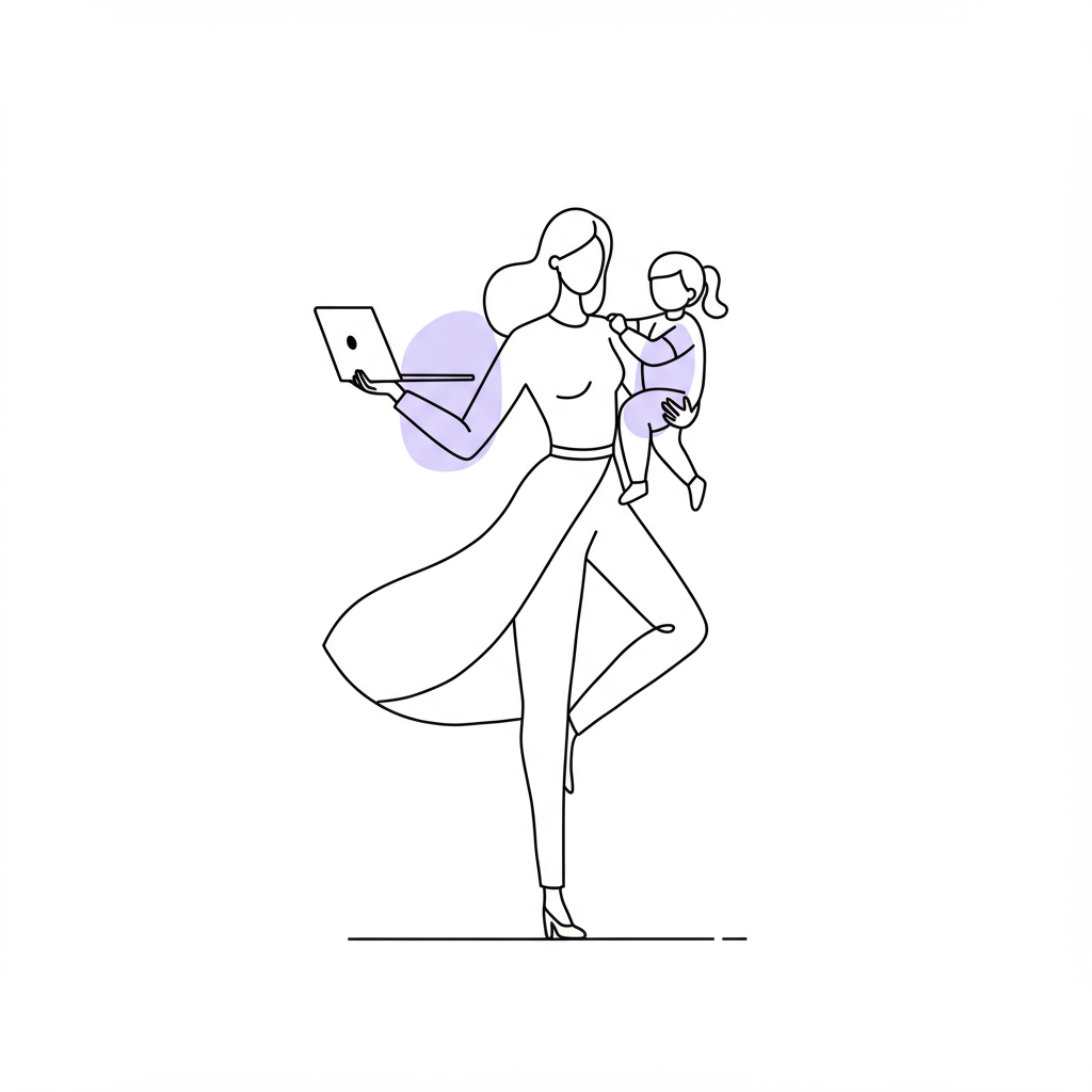 Black and white line art: Stylish entrepreneurial mum balancing work and family; pastel purple toy highlight | Femmeprenista