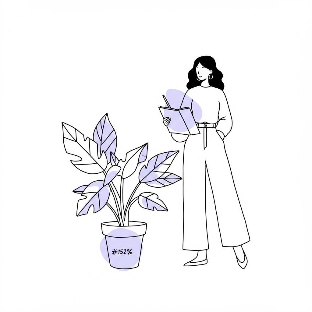 Chic black and white line art illustration of a confident woman beside a plant with pastel purple pot, symbolizing resourceful growth | Femmeprenista