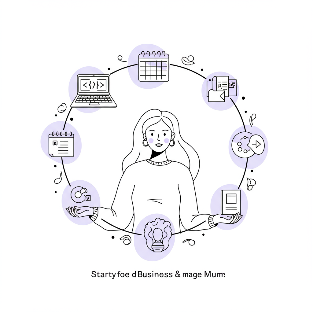 Chic line art: Mother entrepreneur juggling digital business elements, ebook with pastel purple, embodying resourcefulness | Femmeprenista
