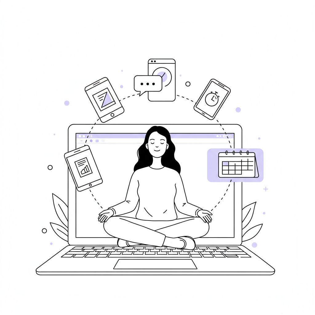 Line art: Femmeprenista sits calmly on laptop; productivity apps float around her. Pastel purple accent on organizer icon | Femmeprenista