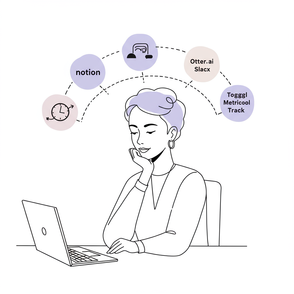 Chic line art: Femmeprenista surrounded by productivity app icons, radiating calm focus; pastel purple Notion icon highlight | Femmeprenista