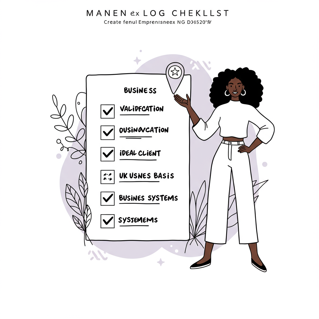 Elegant line art of a confident woman with floating UK startup checklist; pastel purple star signifies achievement | Femmeprenista