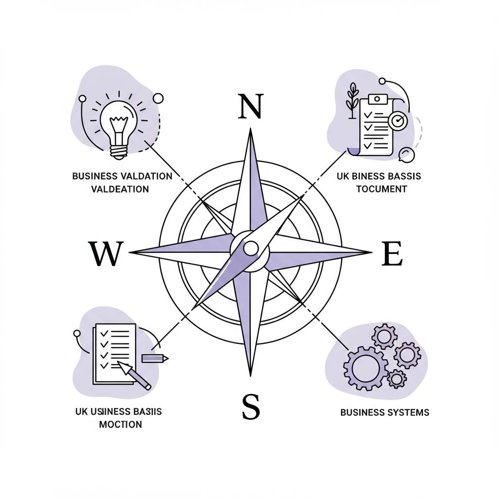 Chic compass rose line art in black and white with pastel purple needle, symbolizing business direction for UK female founders | Femmeprenista