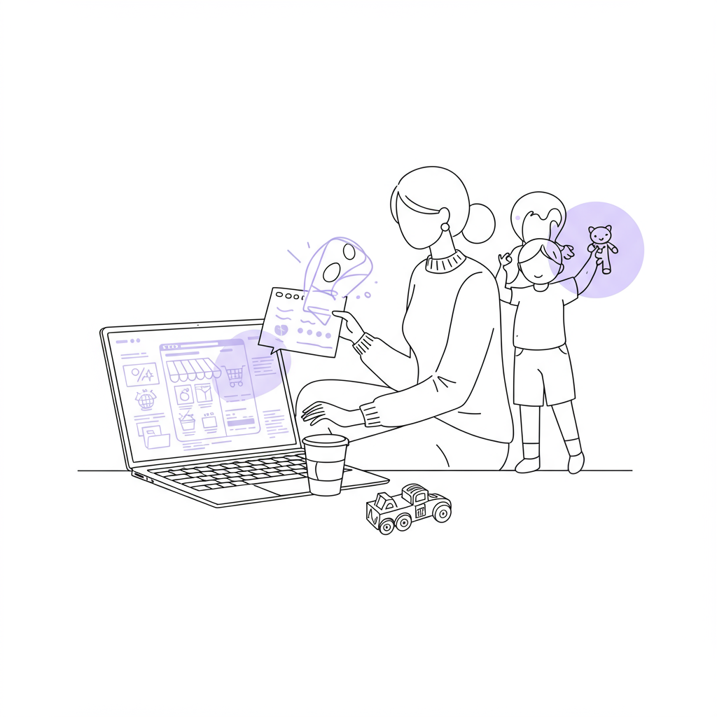 Chic line art: Mumpreneur balancing motherhood and launching an online store; laptop's shopping cart icon in pastel purple | Femmeprenista