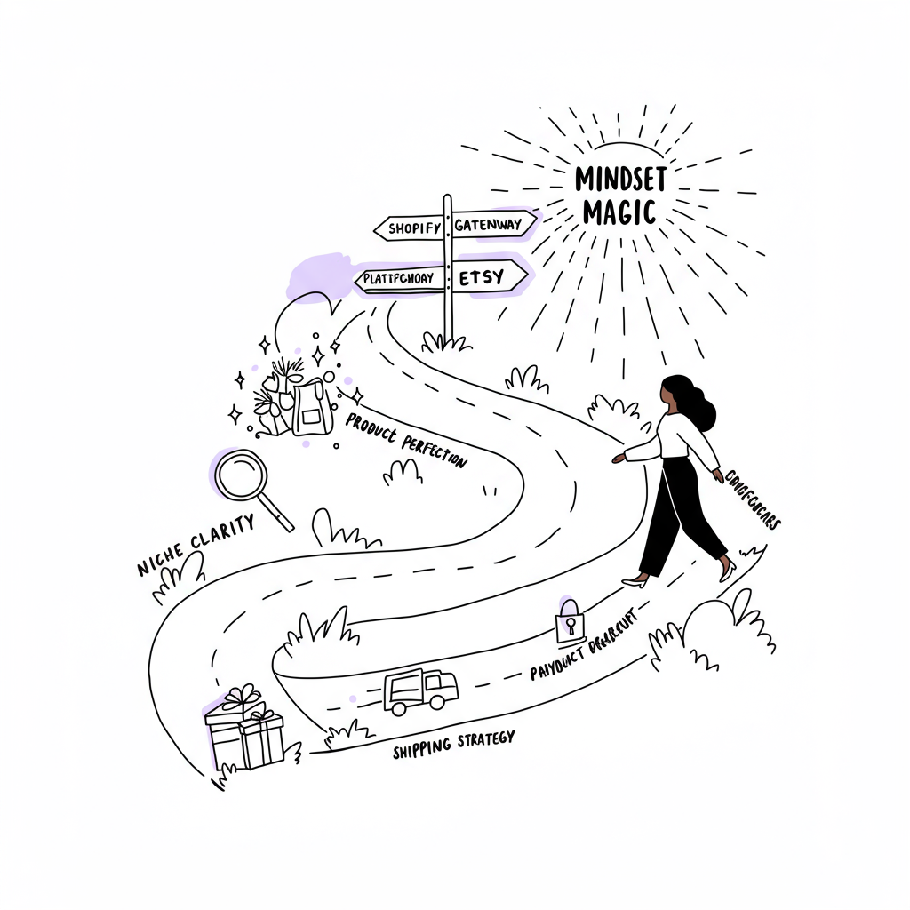 Line art "workflow landscape" showing a mother's online store journey, with pastel purple sun representing mindset | Femmeprenista