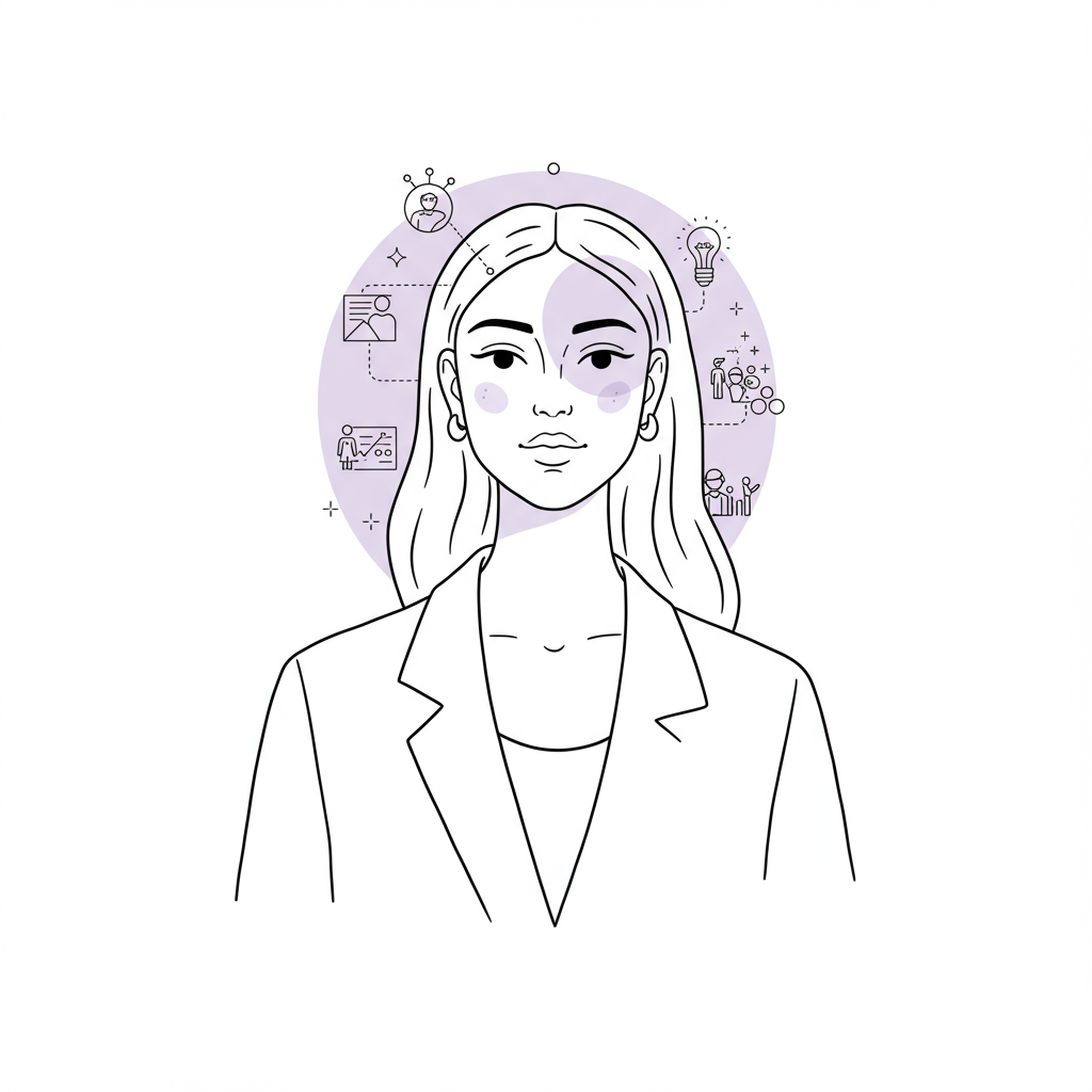 Line art: CEO mom with strategic light rays & life balance icons within pastel purple boundary, minimalist graphic style | Femmeprenista