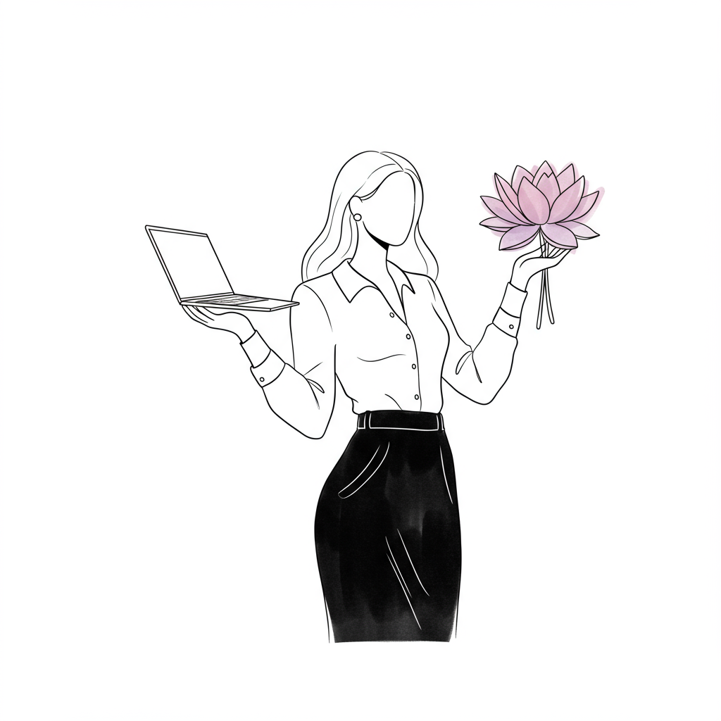 Line art: CEO mom balancing laptop & lotus, symbolizing joyful work-life integration. Black, white, pastel purple lotus | Femmeprenista