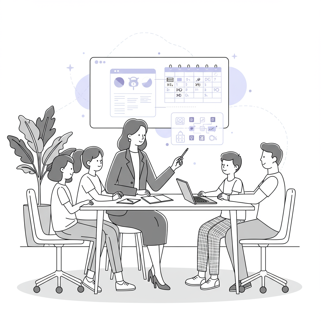 Chic line art: Working mum leading family meeting with holographic chore chart; pastel purple pen highlights delegation | Femmeprenista