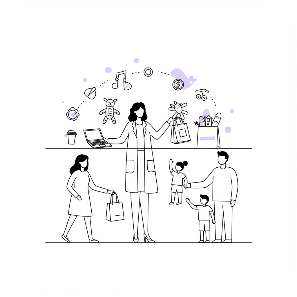 Line art: Working mother juggling work/home balance, elegantly handing off responsibilities. Pastel purple toy highlight | Femmeprenista
