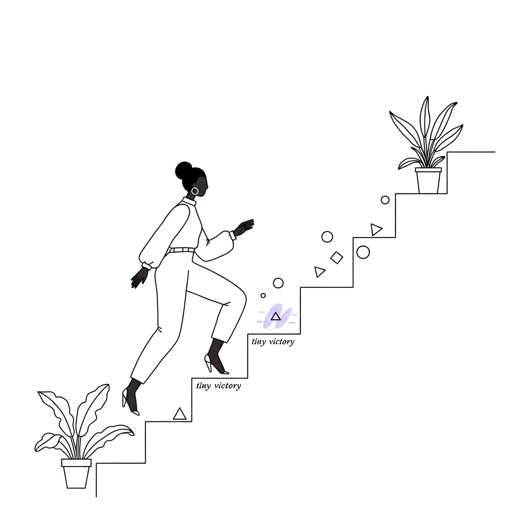 Line art: Black female entrepreneur ascends staircase of tiny victories, purple circle accent. Empowering, chic, minimalist style | Femmeprenista