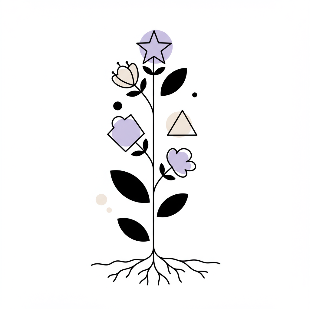 Chic line art: abstract plant symbolizes tiny victories, black and white with pastel purple flower; celebrating tiny victories entrepreneurs | Femmeprenista
