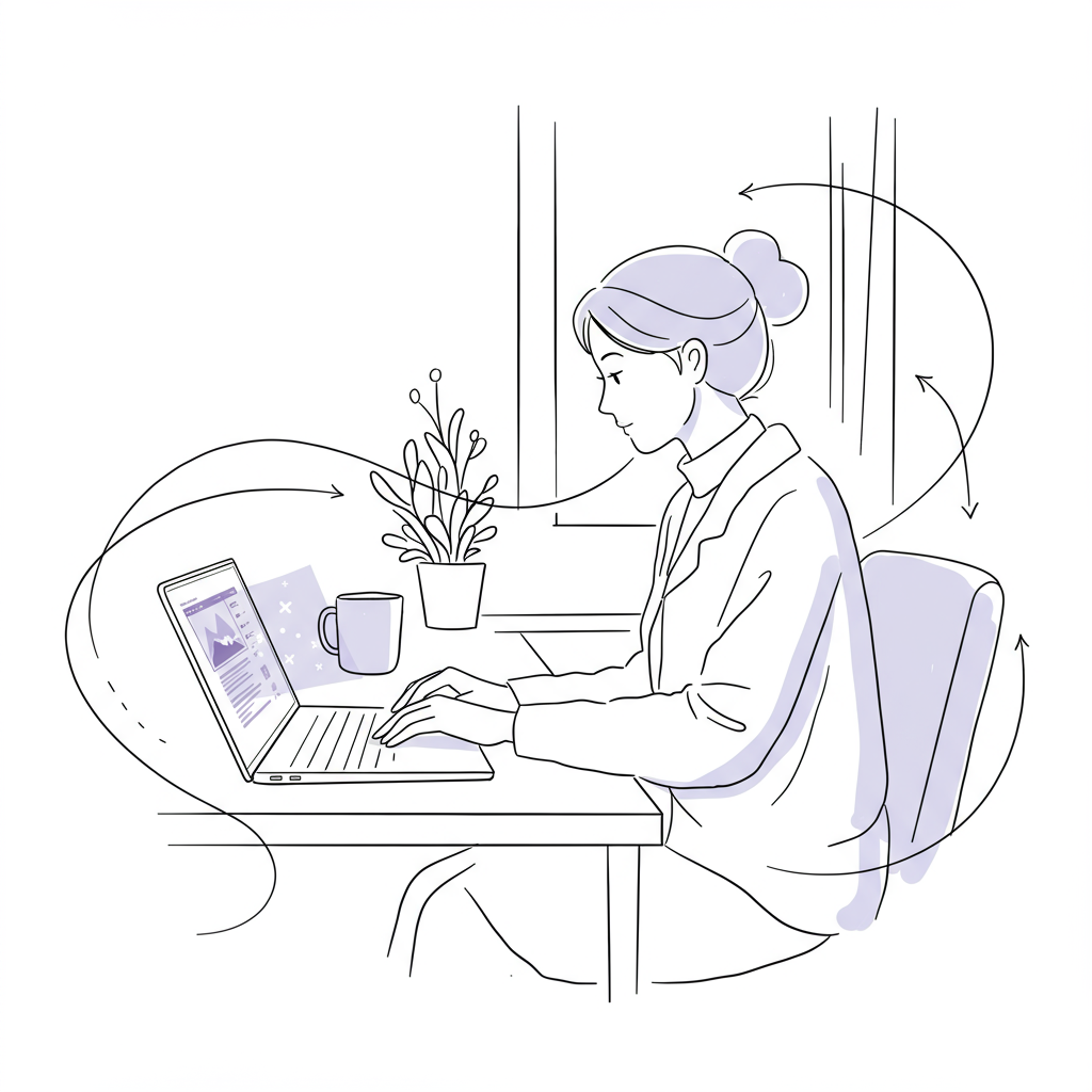 Chic line art: Woman at desk with laptop, automated task swirls; pastel purple AI highlight evokes empowered efficiency | Femmeprenista