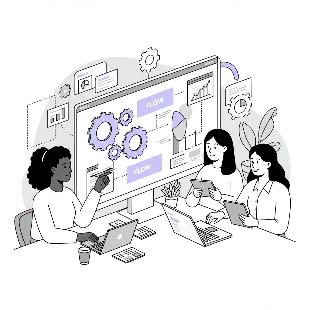 Modern line art of diverse women entrepreneurs collaborating around the Business Flourish Framework; purple highlight on "Flow" | Femmeprenista