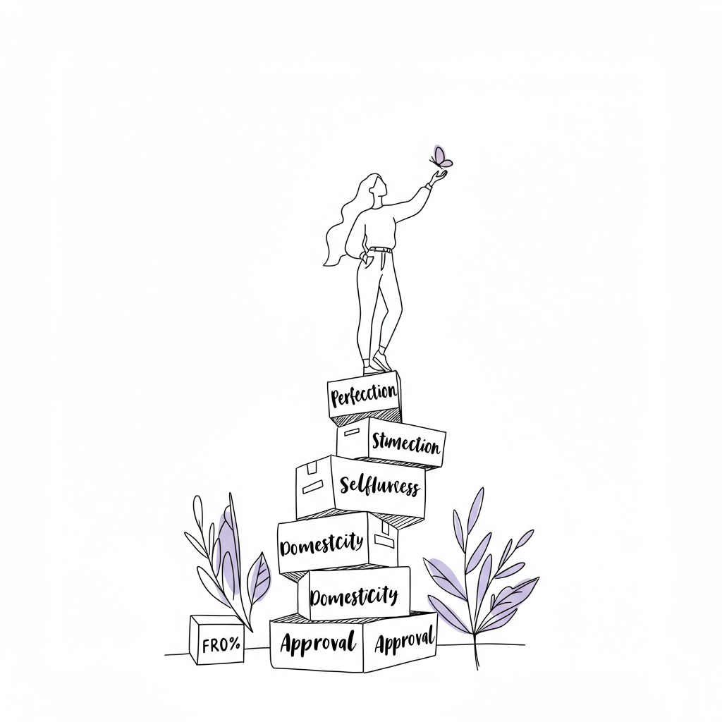Line art: Female entrepreneur atop societal expectations, butterfly accent symbolizes freedom. Black, white, and pastel purple | Femmeprenista