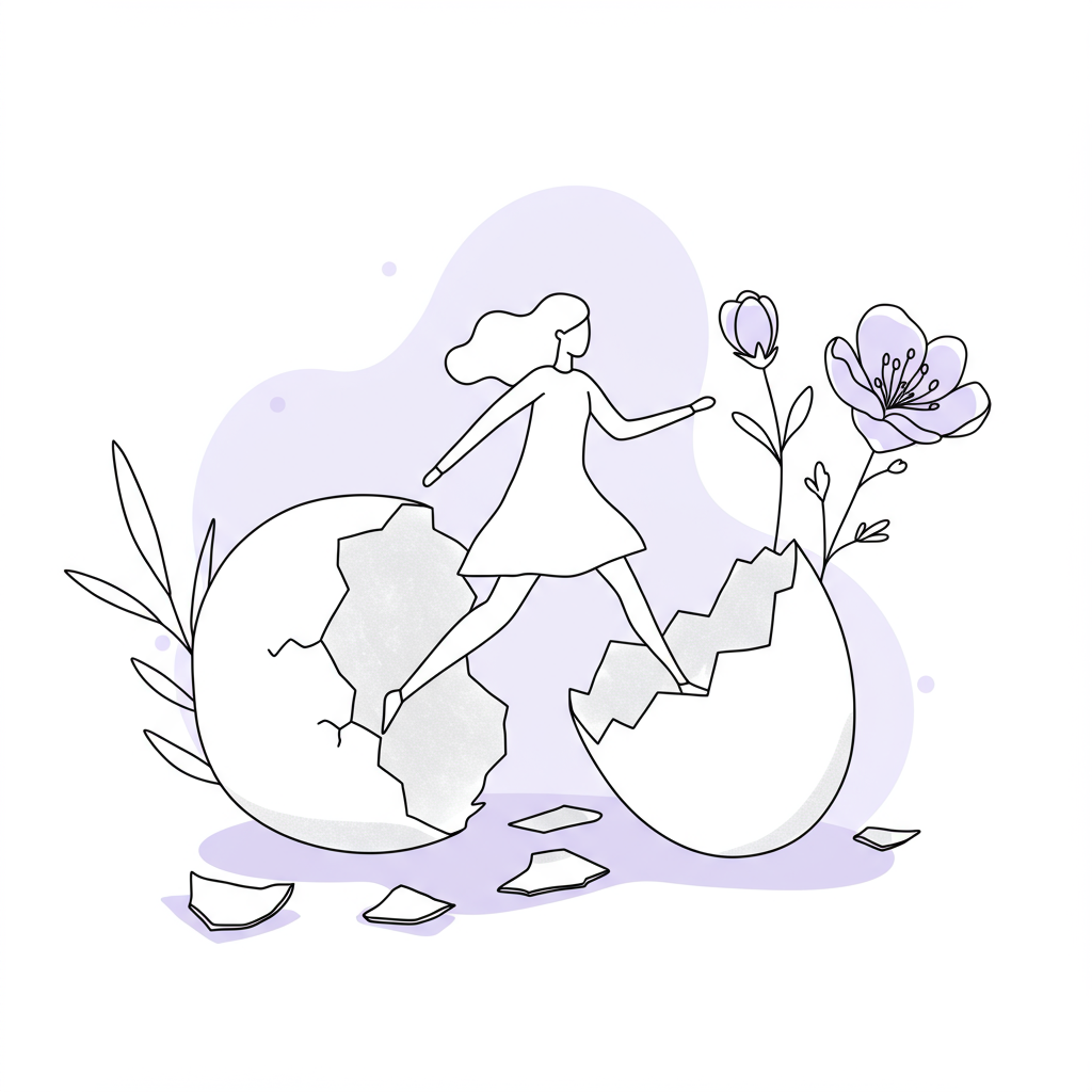 Modern black and white line art: a female entrepreneur breaking free, pastel purple flower symbolizing growth | Femmeprenista