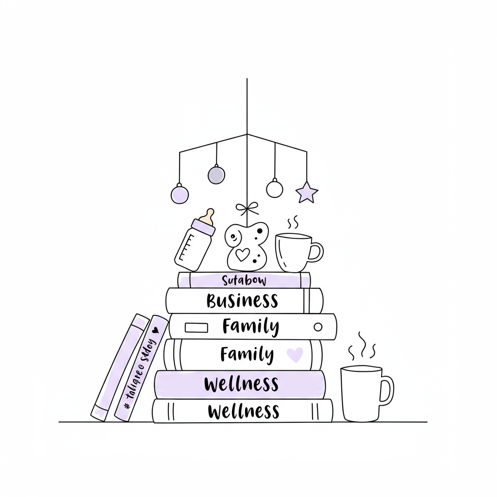 Modern chic line art: Mobile phone balanced on books with baby bottle and coffee mug counterweights; pastel purple heart icon | Femmeprenista