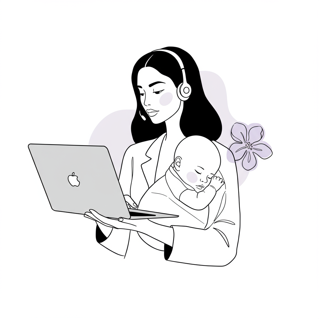 Chic line art: Mom entrepreneur multitasking with baby and laptop, pastel purple orchid accent | Femmeprenista