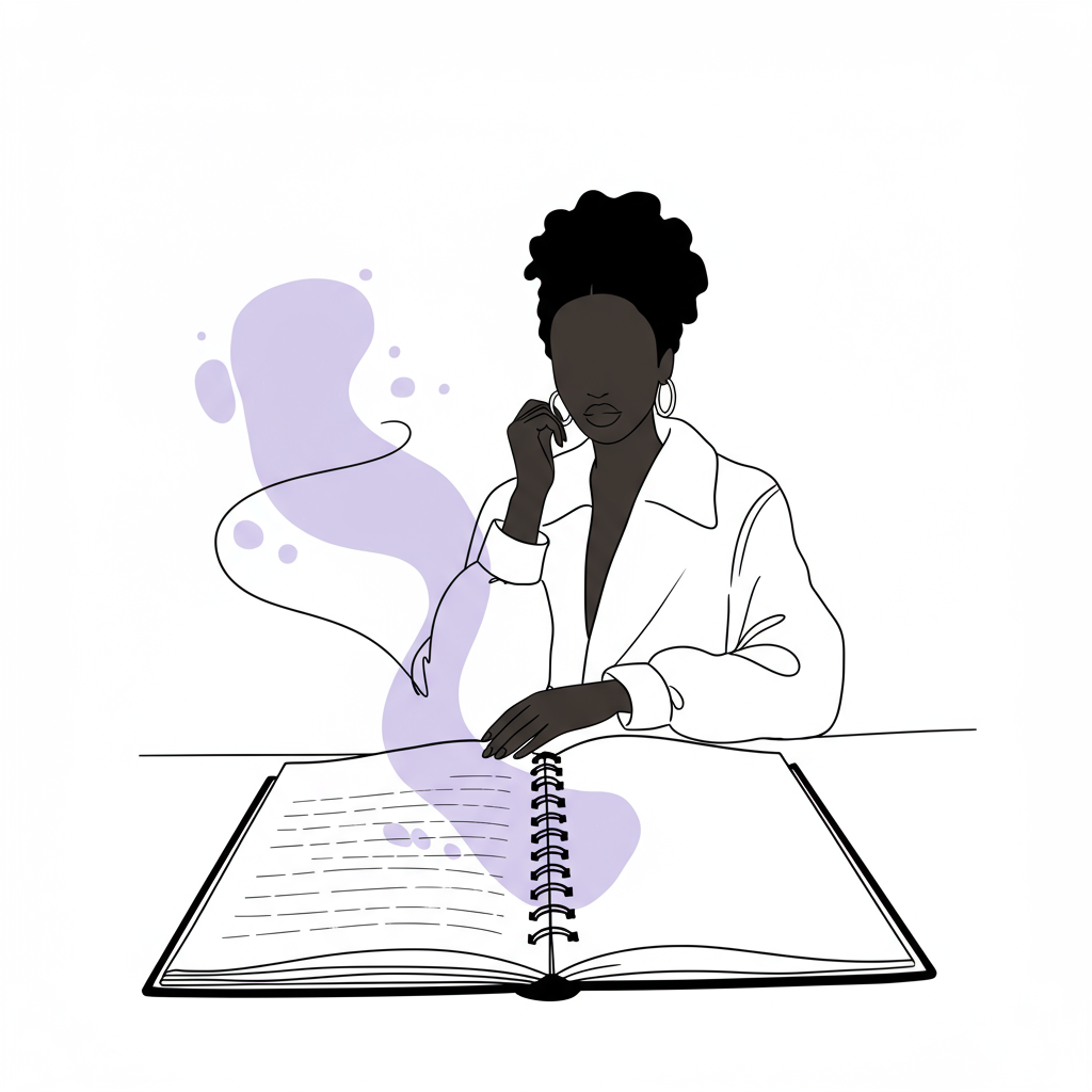 Chic line art: Black woman entrepreneur reflecting, authentic narrative flows from notebook; pastel purple accent | Femmeprenista