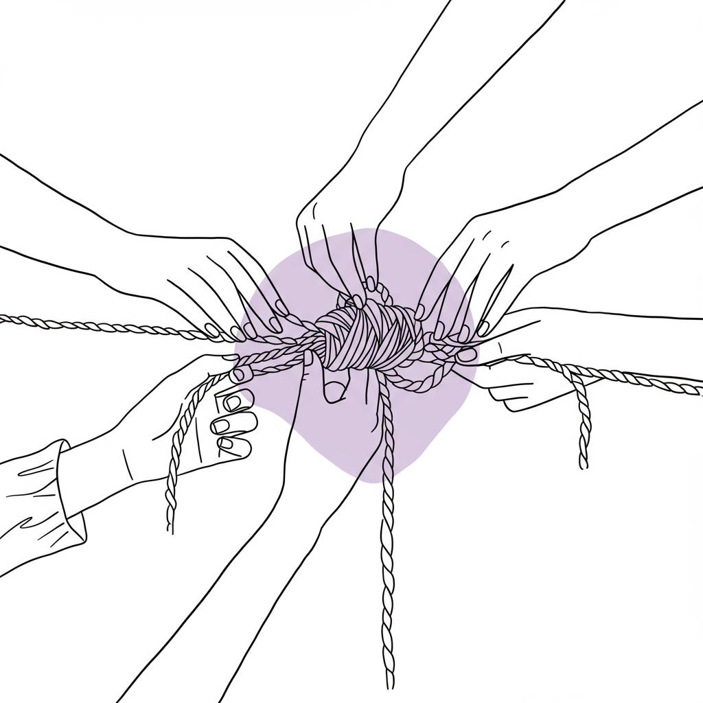 Chic line art illustration: diverse hands weaving individual strands into a strong rope, pastel purple highlights collective strength | Femmeprenista
