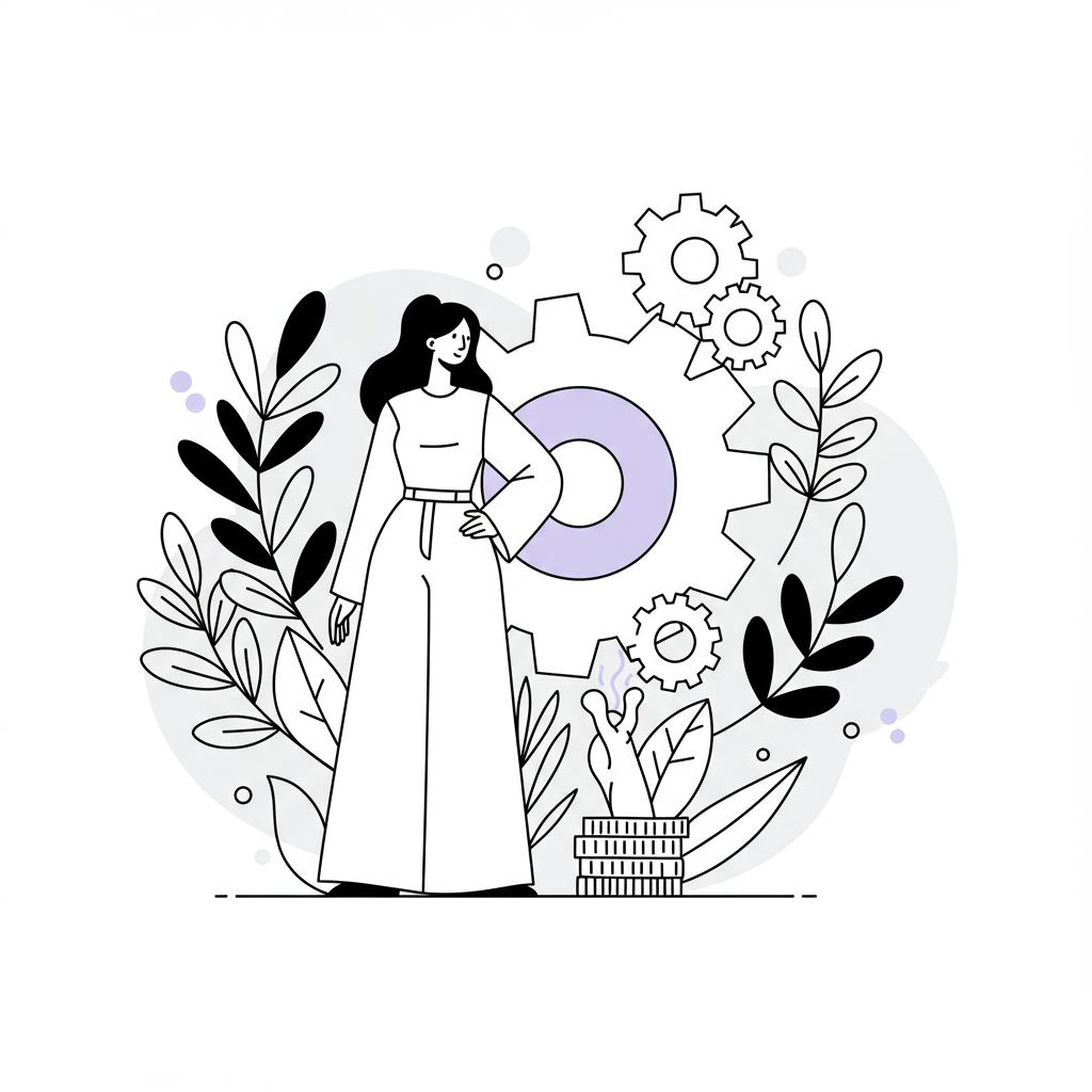 Chic line art: Femmeprenista standing confidently amidst nature and business symbols; pastel purple gear highlights sustainable growth | Femmeprenista