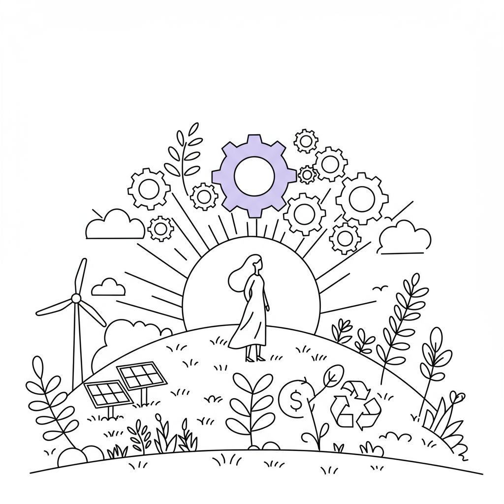 Line art: Femmeprenista silhouetted on a sustainable hilltop against a cogwheel sunrise, pastel purple cog accent | Femmeprenista