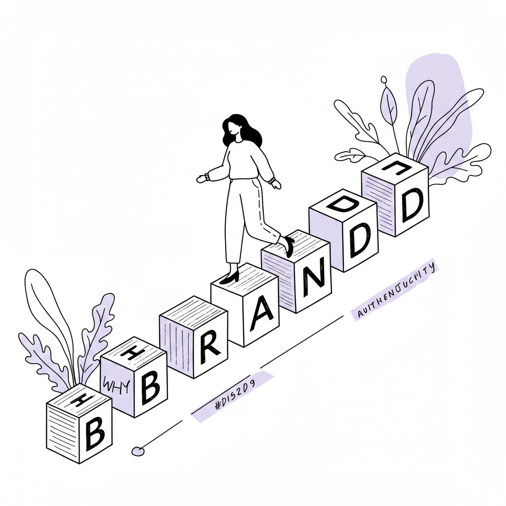 Line art: Mumpreneur confidently strides on "BRAND" blocks, pastel purple "A" (Authenticity) highlight. Chic, empowering | Femmeprenista