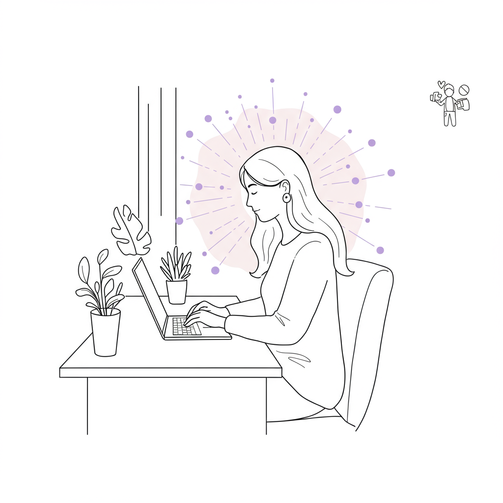 Chic line art: Mumpreneur at desk with authentic brand essence aura; black and white, pastel purple accent | Femmeprenista