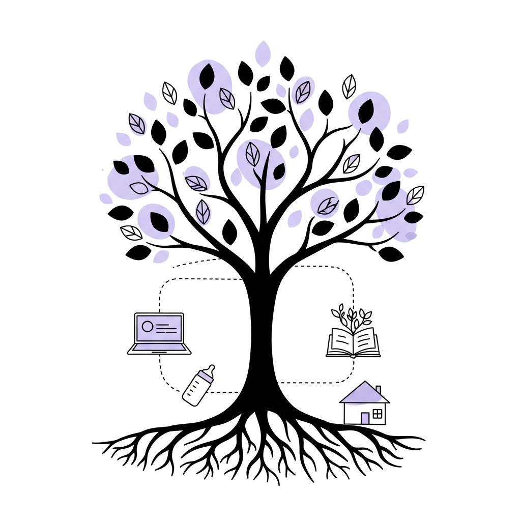 Chic line art of a support network tree: interwoven roots connecting to laptop, baby bottle, book, plant, house. Pastel purple leaf accents | Femmeprenista