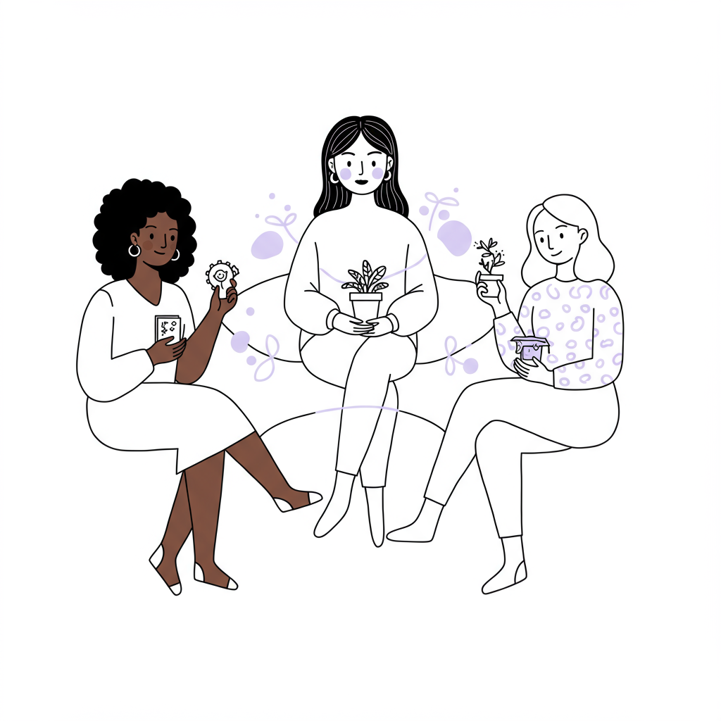 Modern line art: Diverse women entrepreneurs connected by pastel purple strands, symbolizing community for mums | Femmeprenista