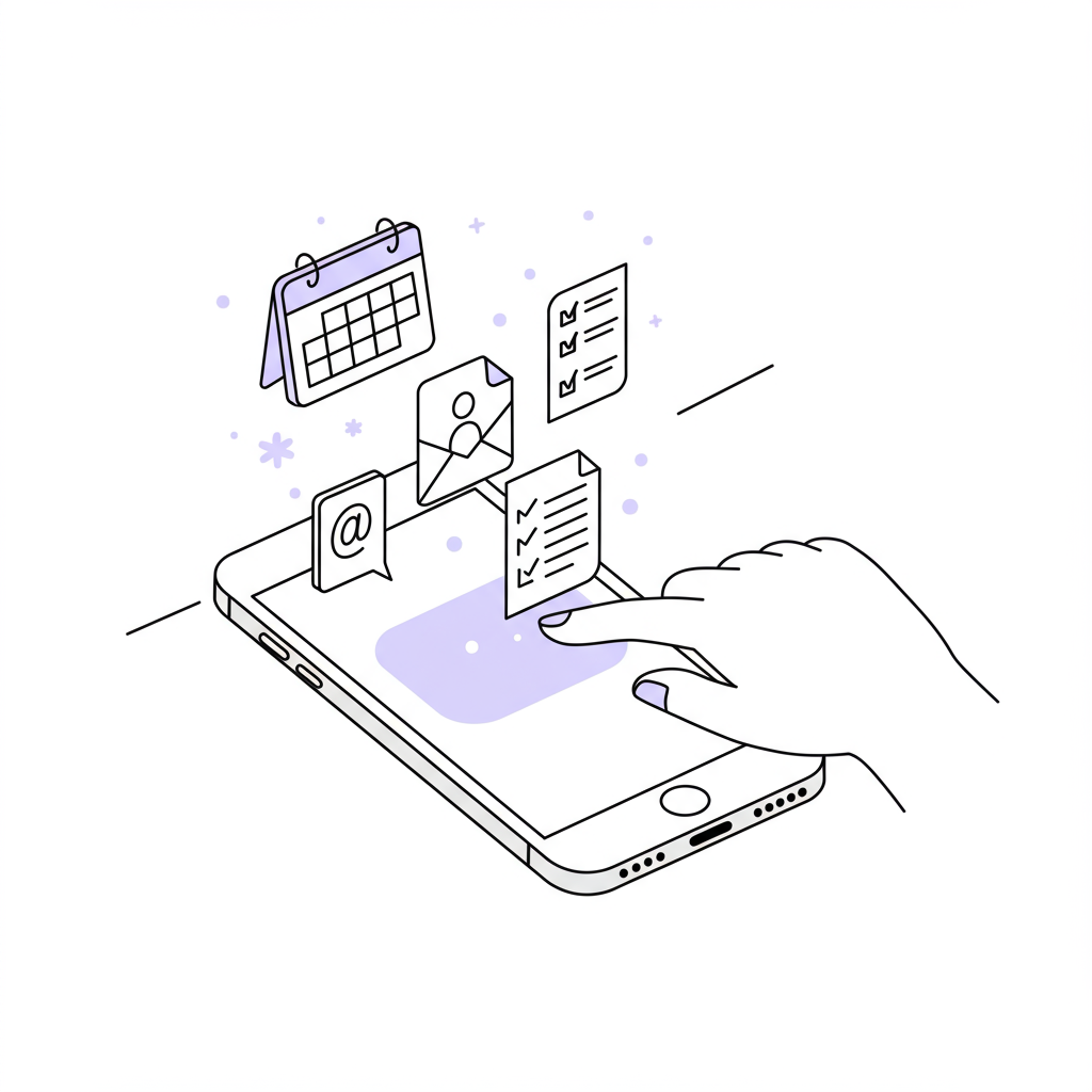 Black and white line art: phone with icons floating up, hand tapping screen, pastel purple accent. Delegation for mum entrepreneurs | Femmeprenista