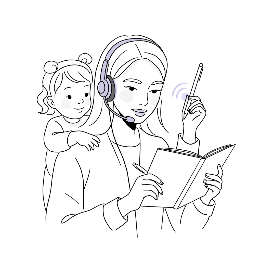 Chic line art: Mum entrepreneur multitasking with video call & planning; child's hand reaching up. Purple headset accent | Femmeprenista