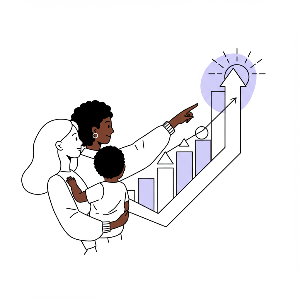 Line art: Empowered entrepreneur mom points to her financial roadmap; pastel purple wealth emblem | Femmeprenista