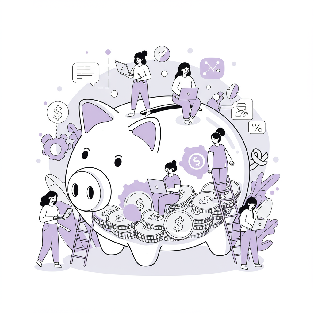 Chic line art of diverse femmeprenistas collaborating inside a glass piggy bank, coins with purple accent, financial freedom for femmeprenistas | Femmeprenista