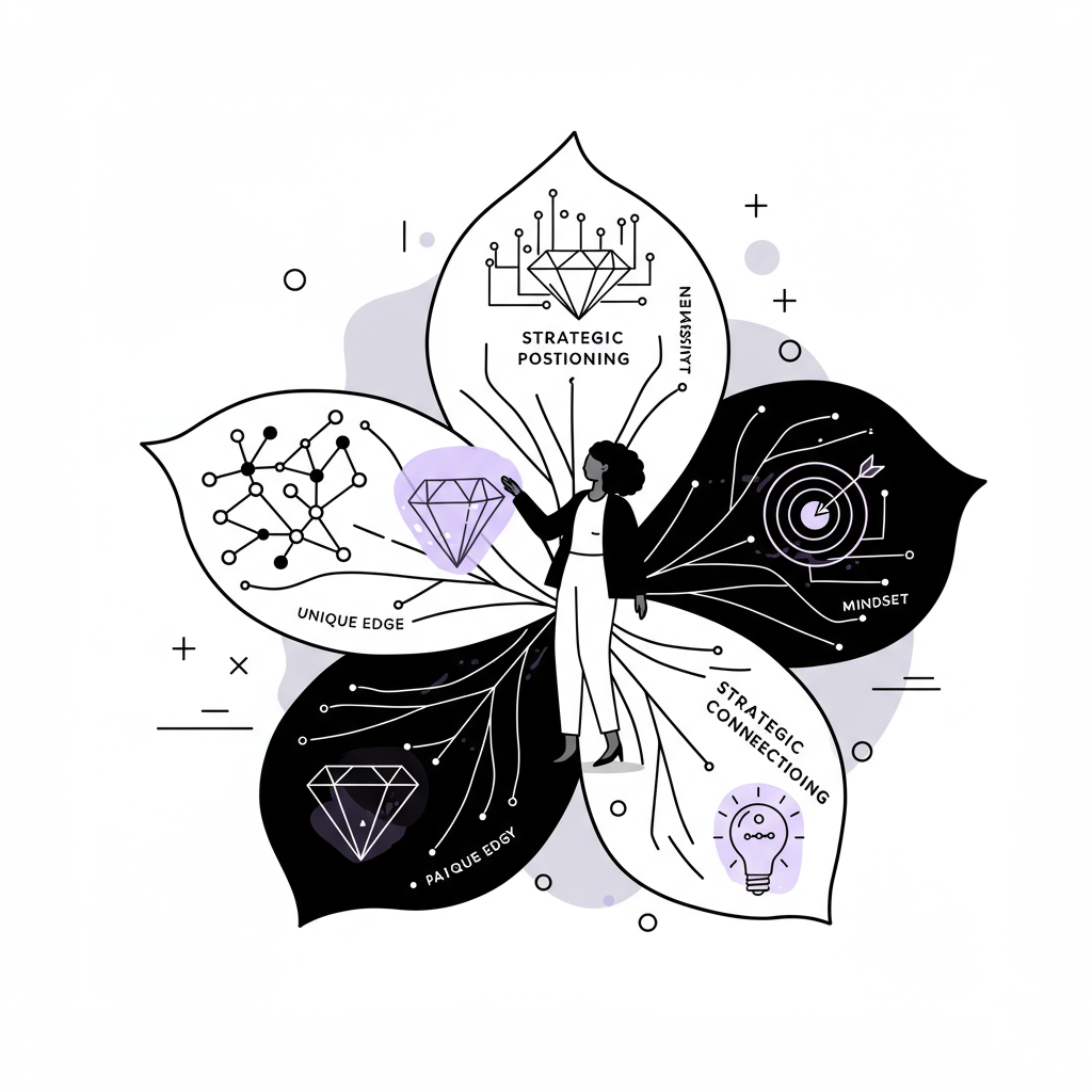 Black businesswoman touching "Client Connections" petal on flower representing marketing strategy; pastel purple accent on "Unique Edge" petal | Femmeprenista