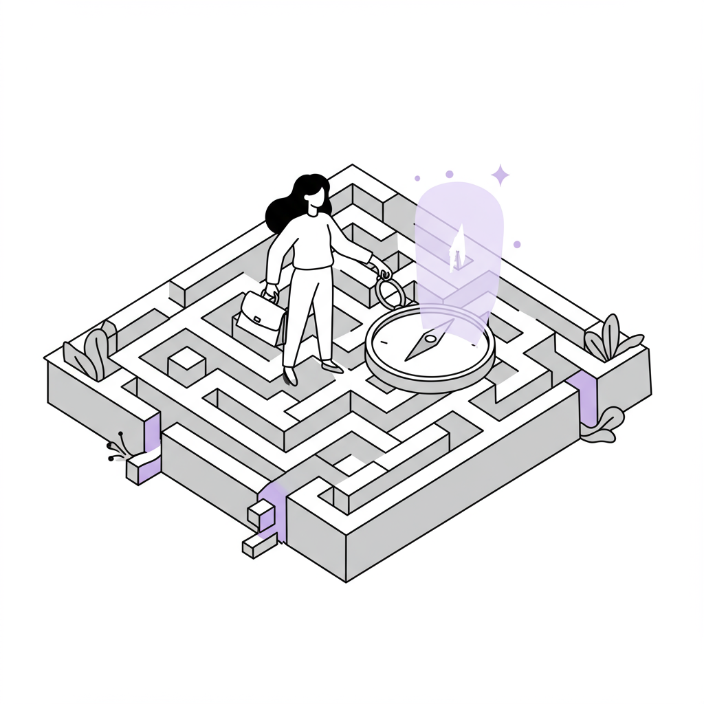 Chic line art: Woman navigating a market maze with compass towards a radiant light, purple accent on needle | Femmeprenista