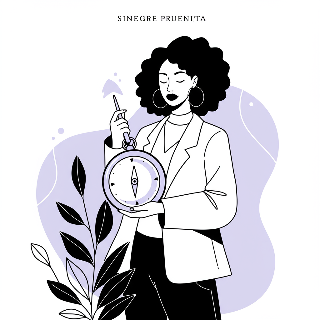 Modern line art: Black woman entrepreneur with compass pointing to plant, symbolizing authentic growth; pastel purple accent on compass | Femmeprenista