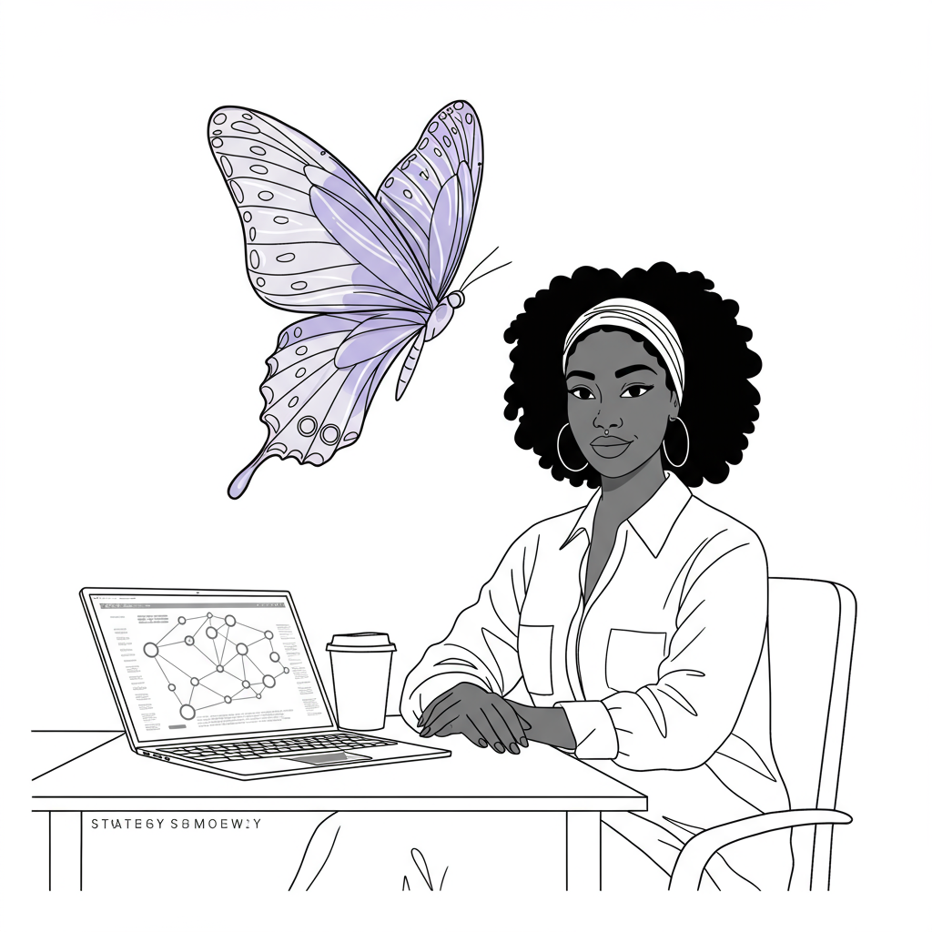 Chic black and white line art: Confident Black Femmeprenista with marketing network laptop, butterfly transformation & pastel purple wings | Femmeprenista