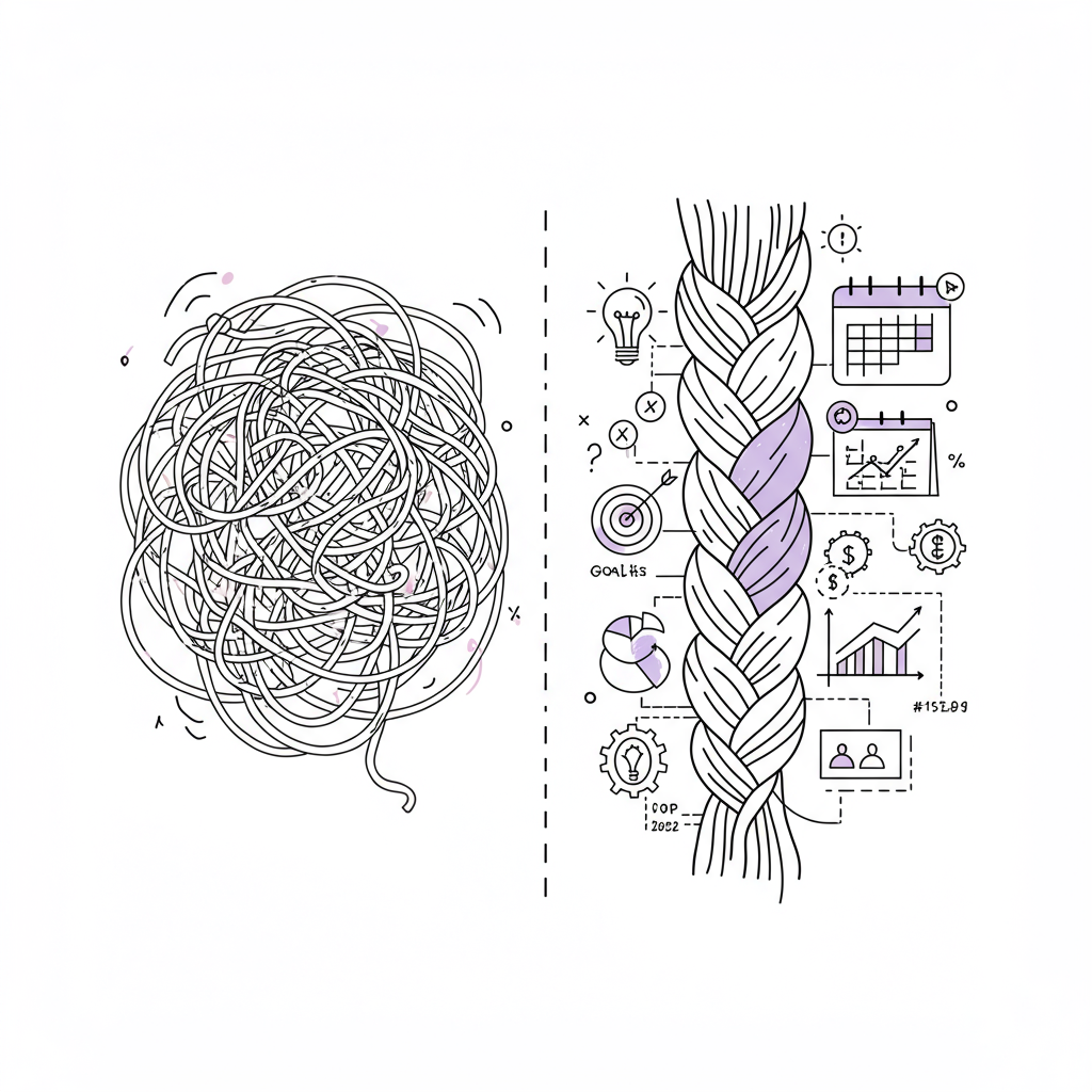Chic line art: chaotic business ideas transform into a structured, strategic plan with pastel purple highlight | Femmeprenista
