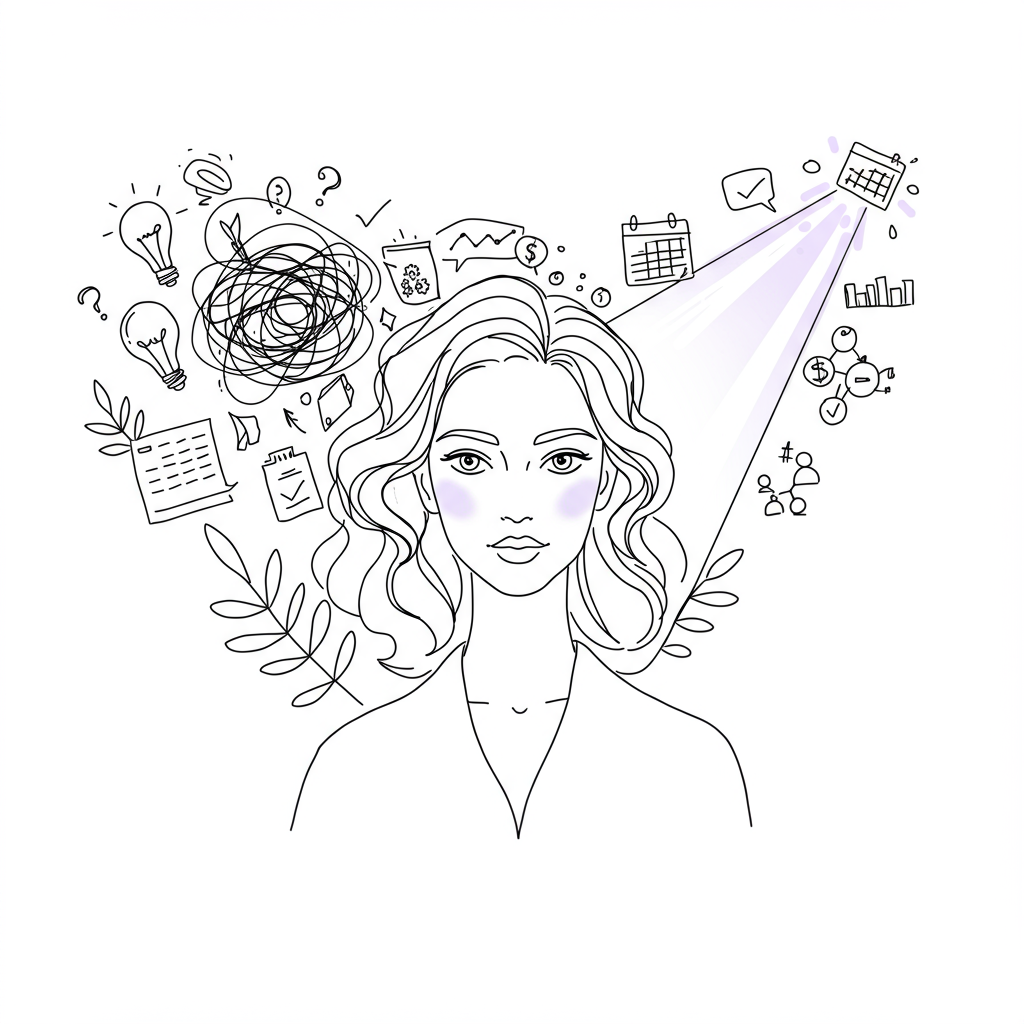 Modern line art: Femmeprenista gazes forward, chaotic ideas transforming to clarity with pastel purple beam | Femmeprenista