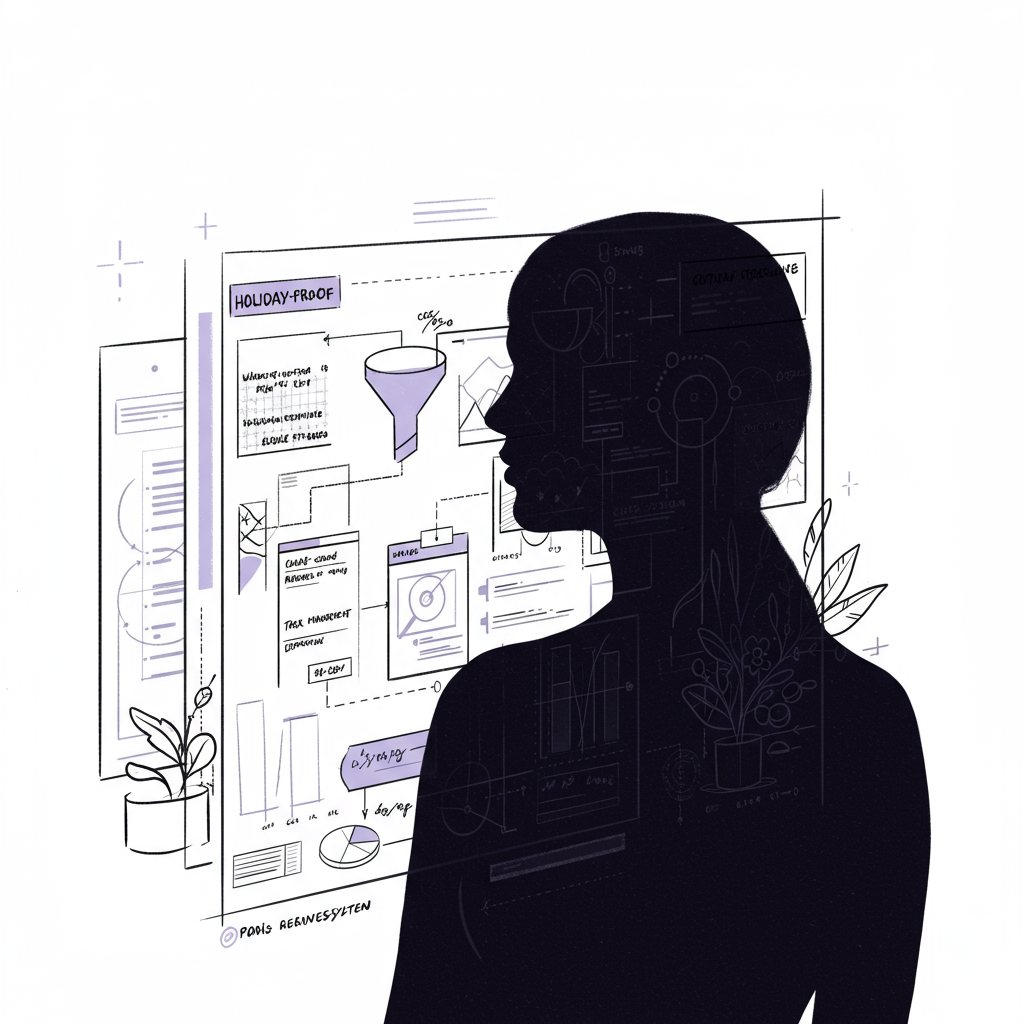 Elegant black and white line art: A female CEO silhouetted over a holiday-proof business blueprint, pastel purple compass accent | Femmeprenista