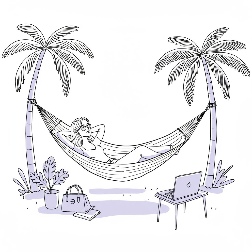 Chic line art: Female entrepreneur relaxing in hammock, holiday-proof business symbolized by laptop with pastel purple flower detail | Femmeprenista