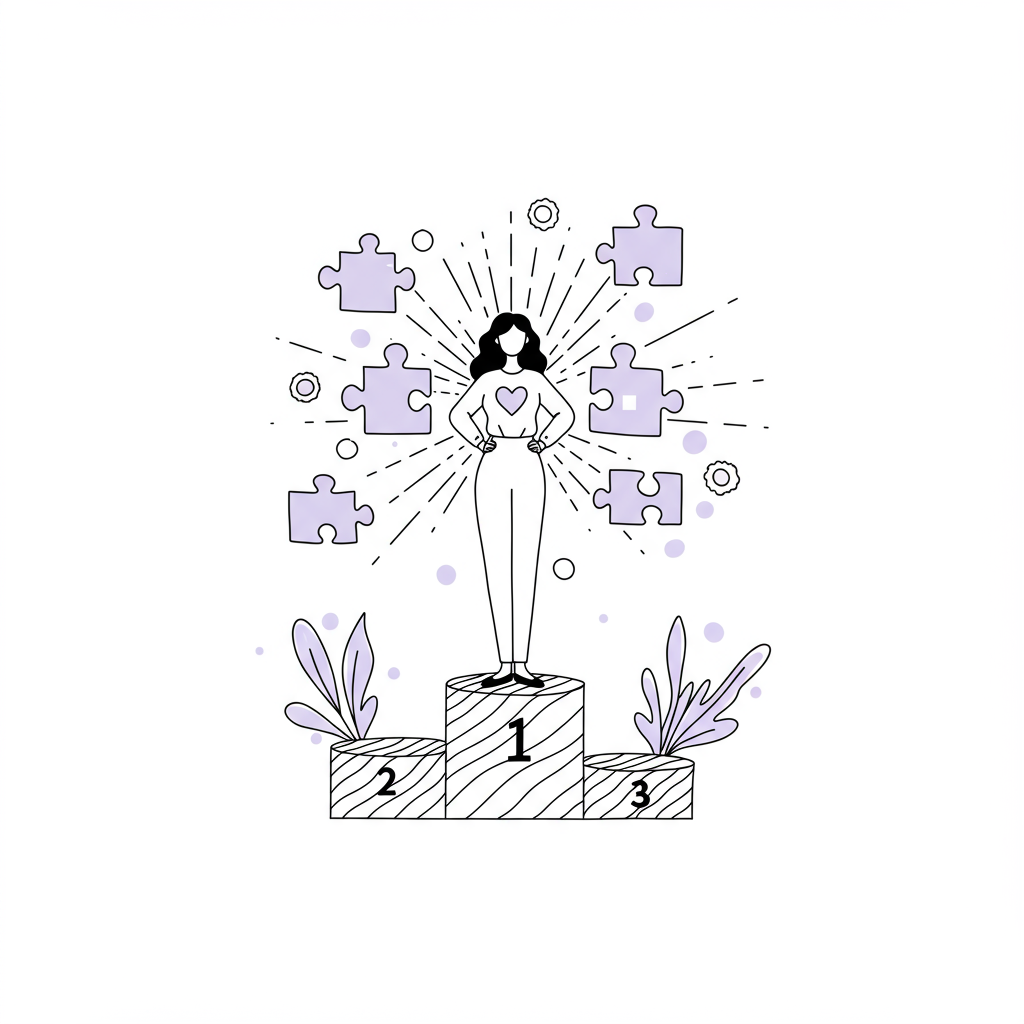 Chic line art: Female entrepreneur on pedestal with radiating puzzle pieces, pastel purple accent signifies authentic alignment | Femmeprenista
