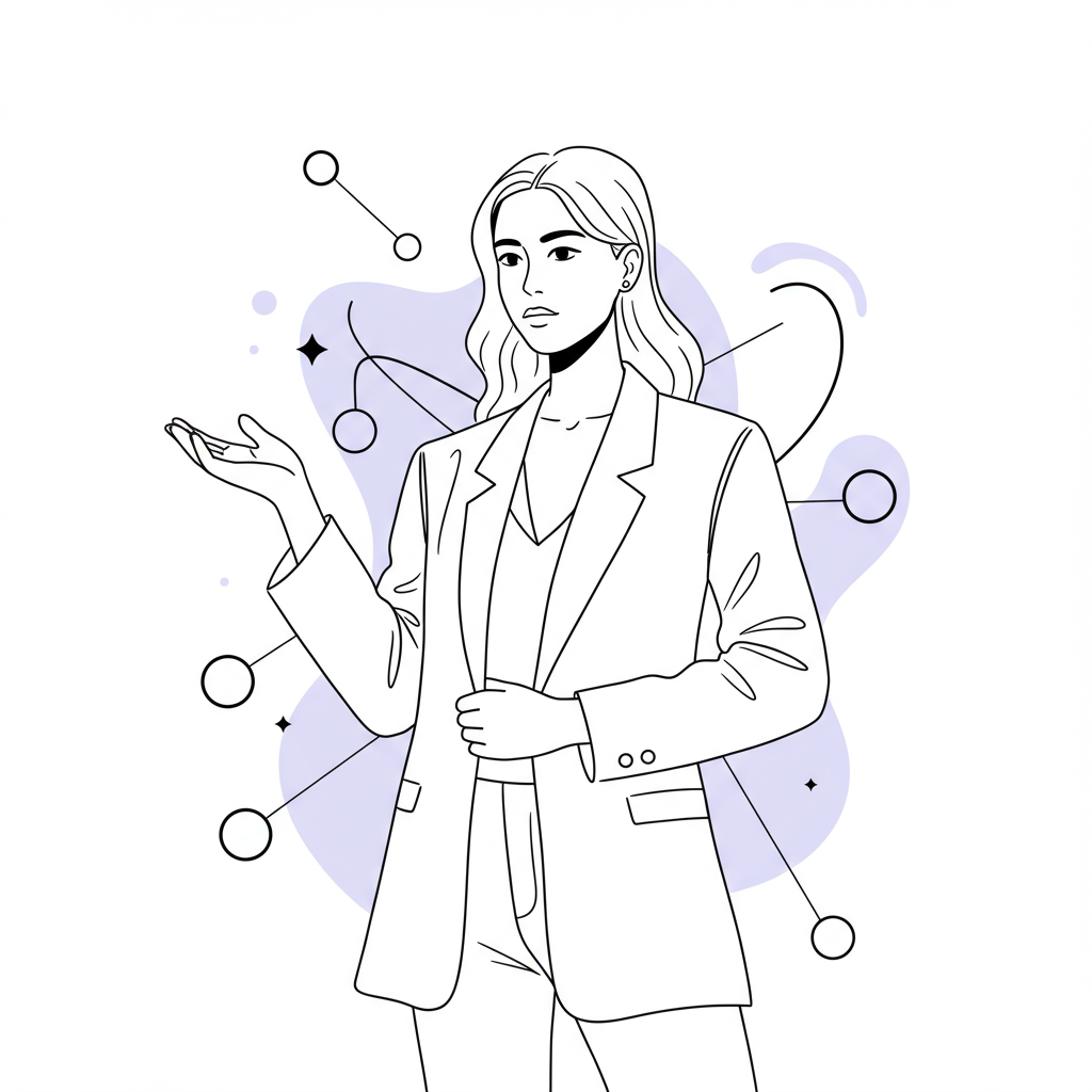 Chic line art: Female entrepreneur confidently presenting, network lines backdrop, pastel purple mic highlight | Femmeprenista