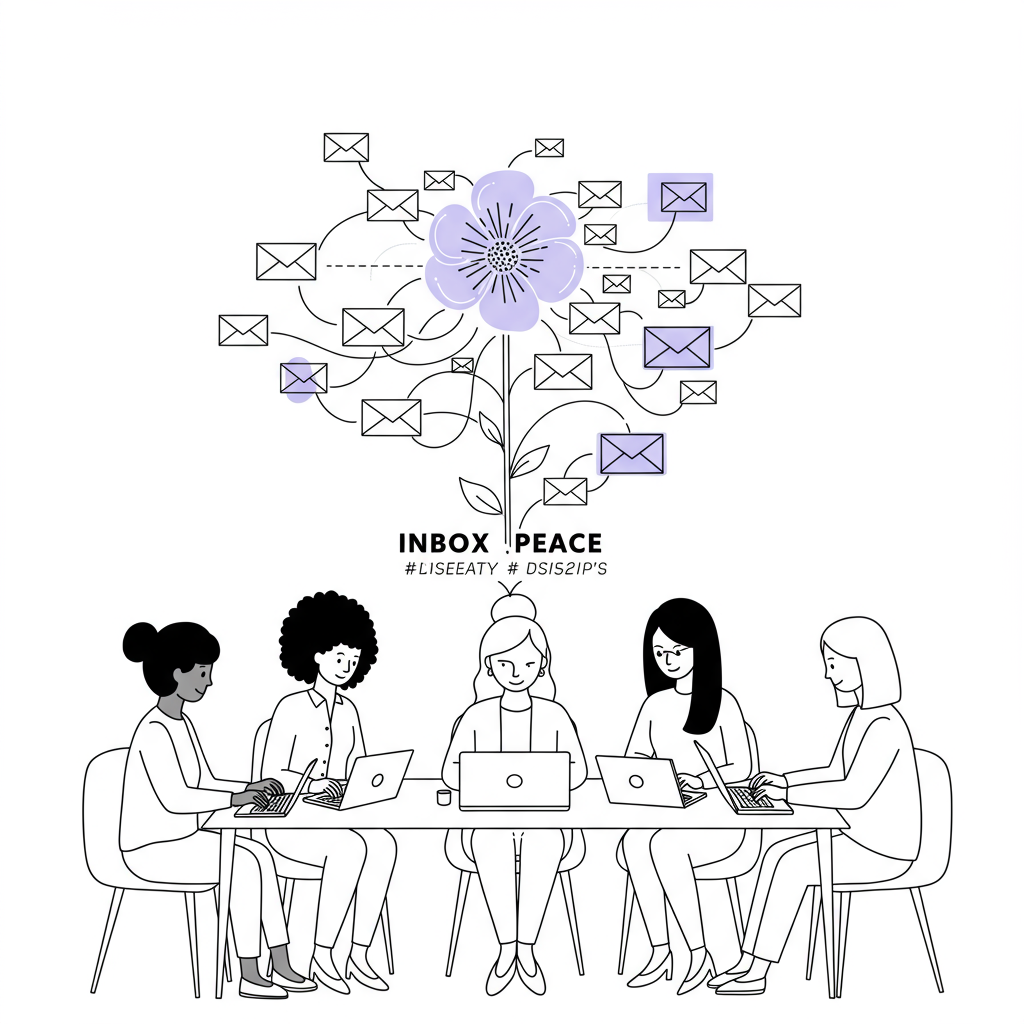 Chic line art: Diverse female entrepreneurs achieving "Inbox Peace" with AI; pastel purple flower detail | Femmeprenista