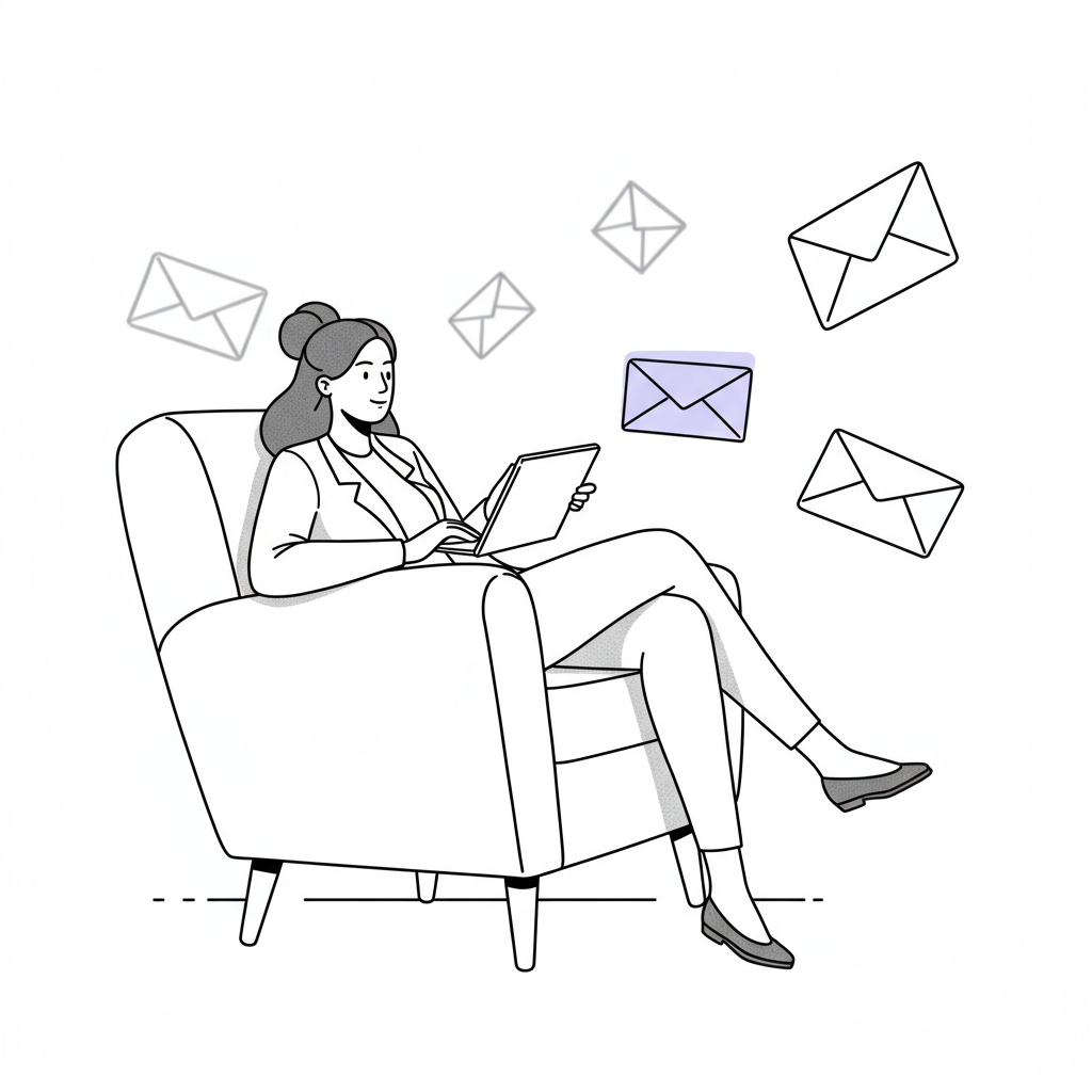 Chic line art: Female entrepreneur relaxing amidst floating envelopes, one pastel purple, embodying Inbox Peace. | Femmeprenista