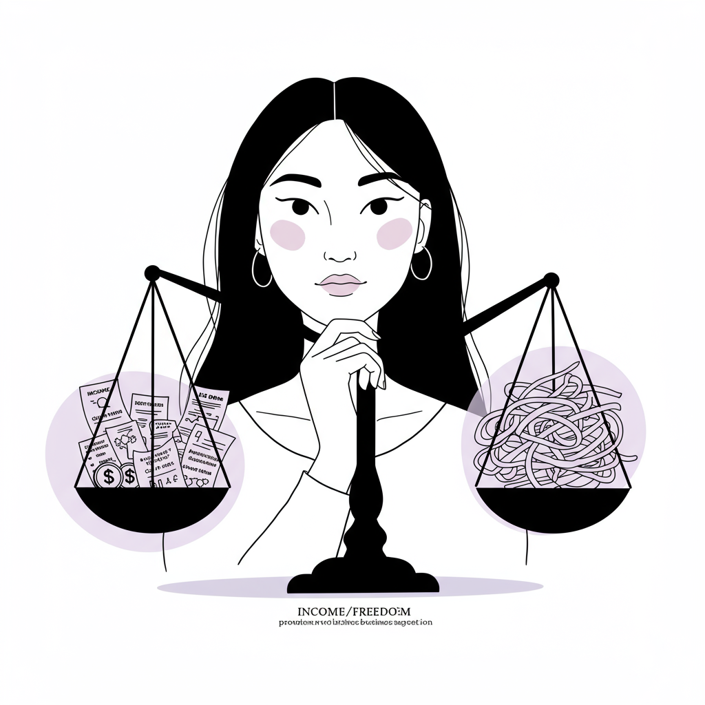 Chic black and white line art: East Asian female solopreneur thoughtfully balancing business benefits (highlighted in pastel purple) vs. administrative burdens | Femmeprenista